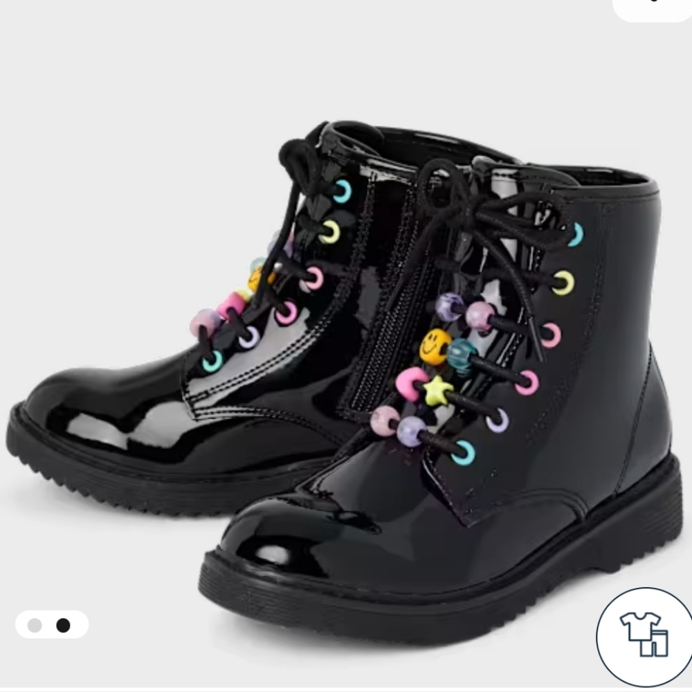 Like NEW, Worn Once, Girls Black Patent Combat Boots with Colorful Beads